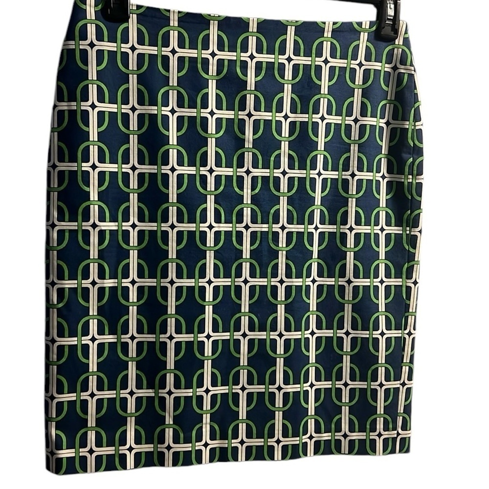Talbots Petitis Size 8P  Blue Green Pencil Links Skirt Wedding Church Workwear